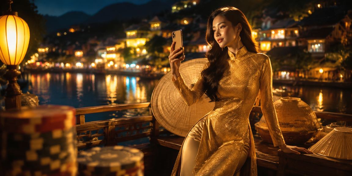 Người dùng chơi casino trên điện thoại tại Sapa với trang phục áo dài truyền thống